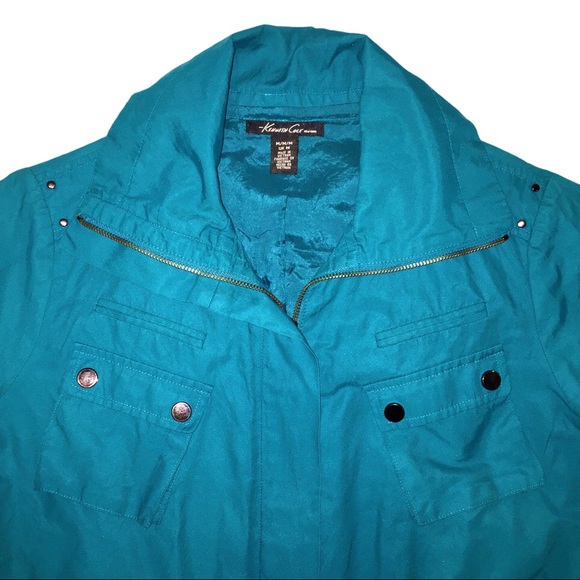 Turquoise Lightweight Jacket, Teal Raincoat, Spring Blue, Kenneth Cole, Medium - Picture 5 of 16